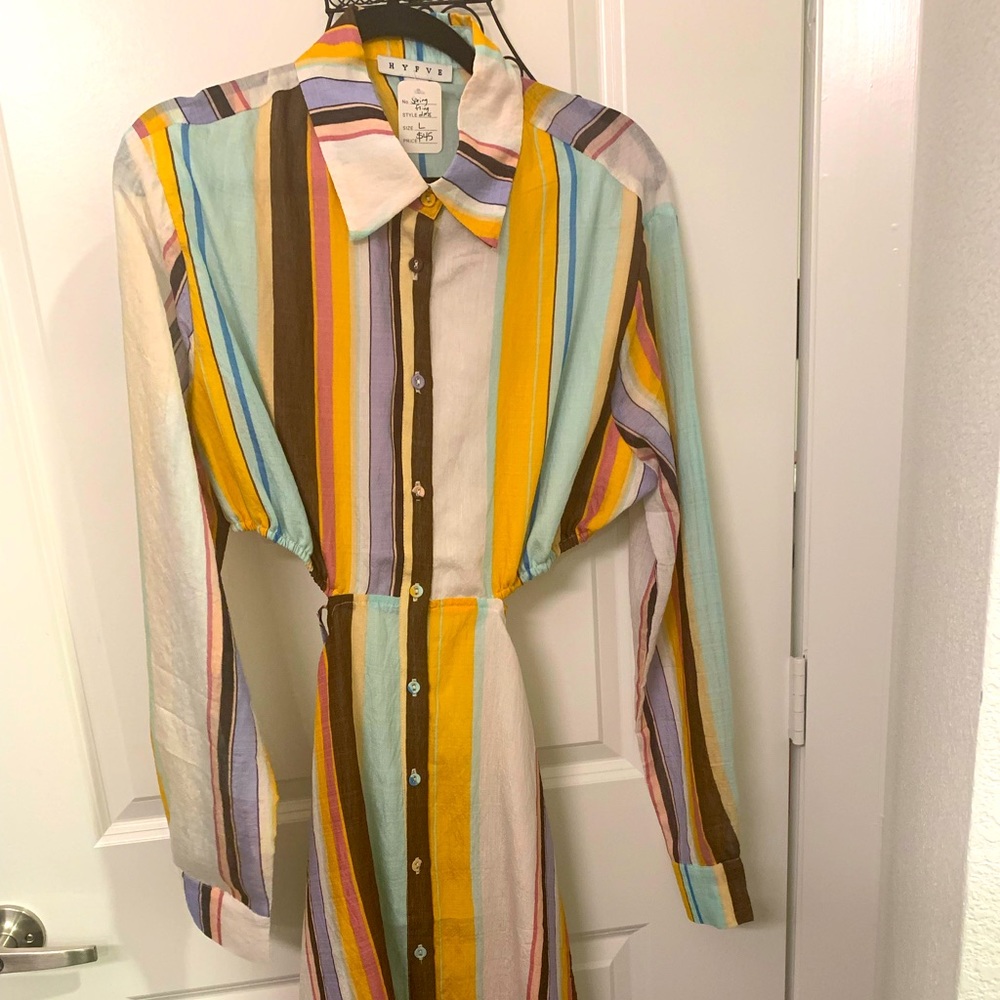 Multi color striped Long sleeve Dress. Lower back out.